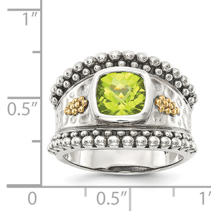 14K/Silver Two Tone Shey Couture Sterling Silver With 14K Accent Antiqued Cushion Bezel Peridot Ring