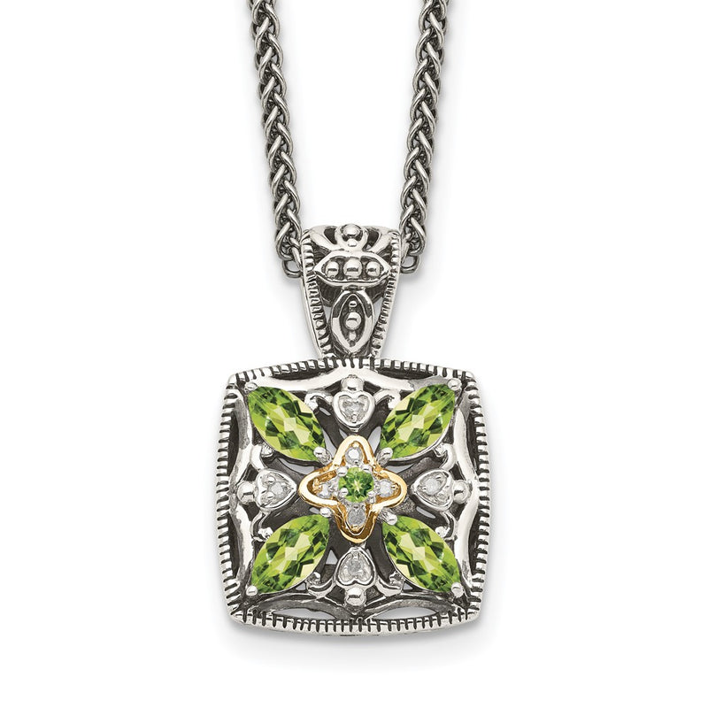 14K/Silver Two Tone Shey Couture Sterling Silver With 14K Accent 18 Inch Antiqued Diamond And Marquise Peridot Necklace