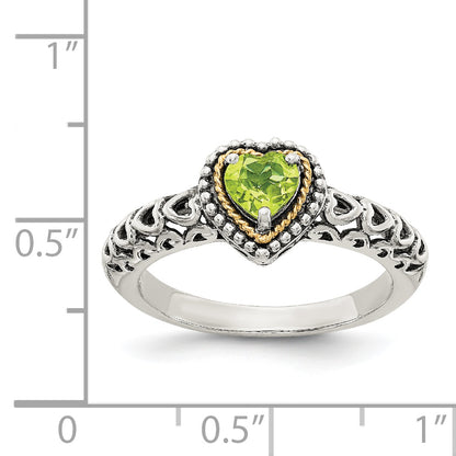 14K/Silver Two Tone Shey Couture Sterling Silver With 14K Accent Antiqued Heart Peridot Ring