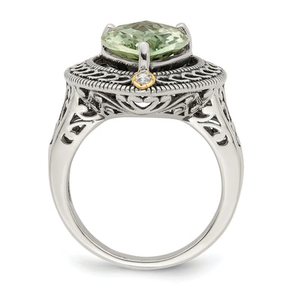 14K/Silver Two Tone Shey Couture Sterling Silver With 14K Accent Antiqued Diamond And Pear Shaped Green Quartz Ring