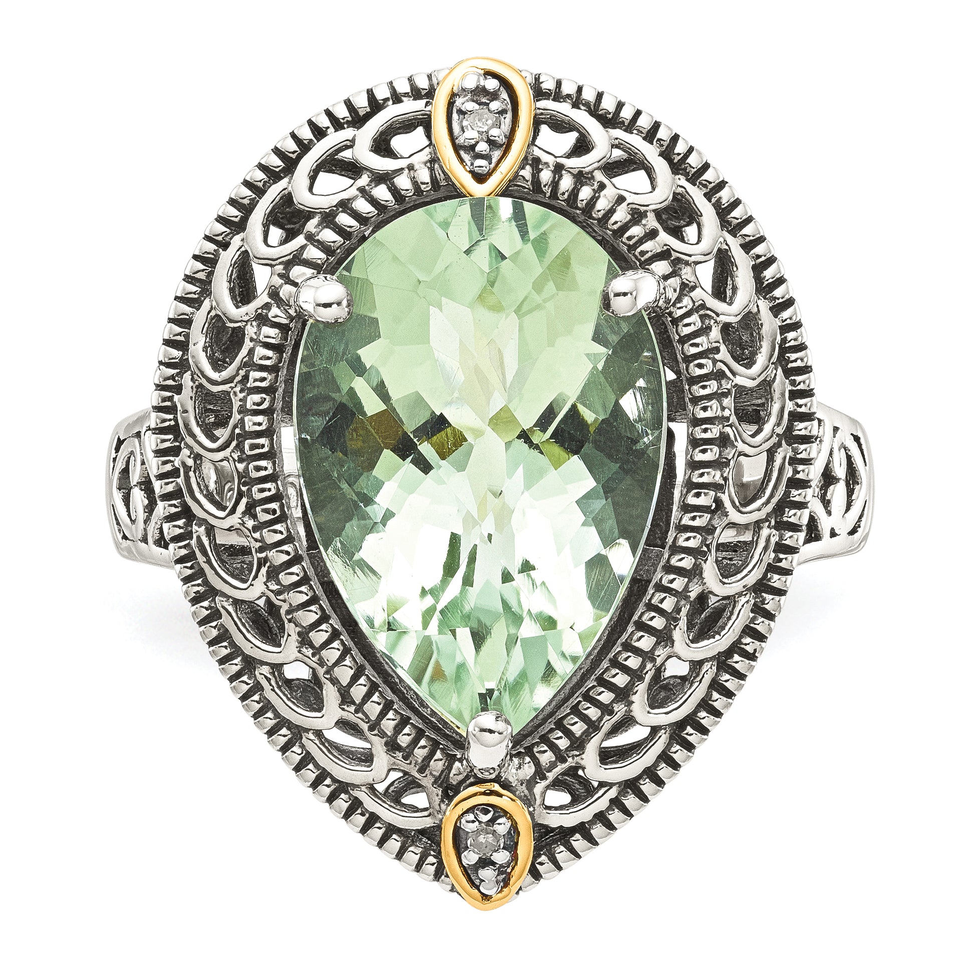 14K/Silver Two Tone Shey Couture Sterling Silver With 14K Accent Antiqued Diamond And Pear Shaped Green Quartz Ring