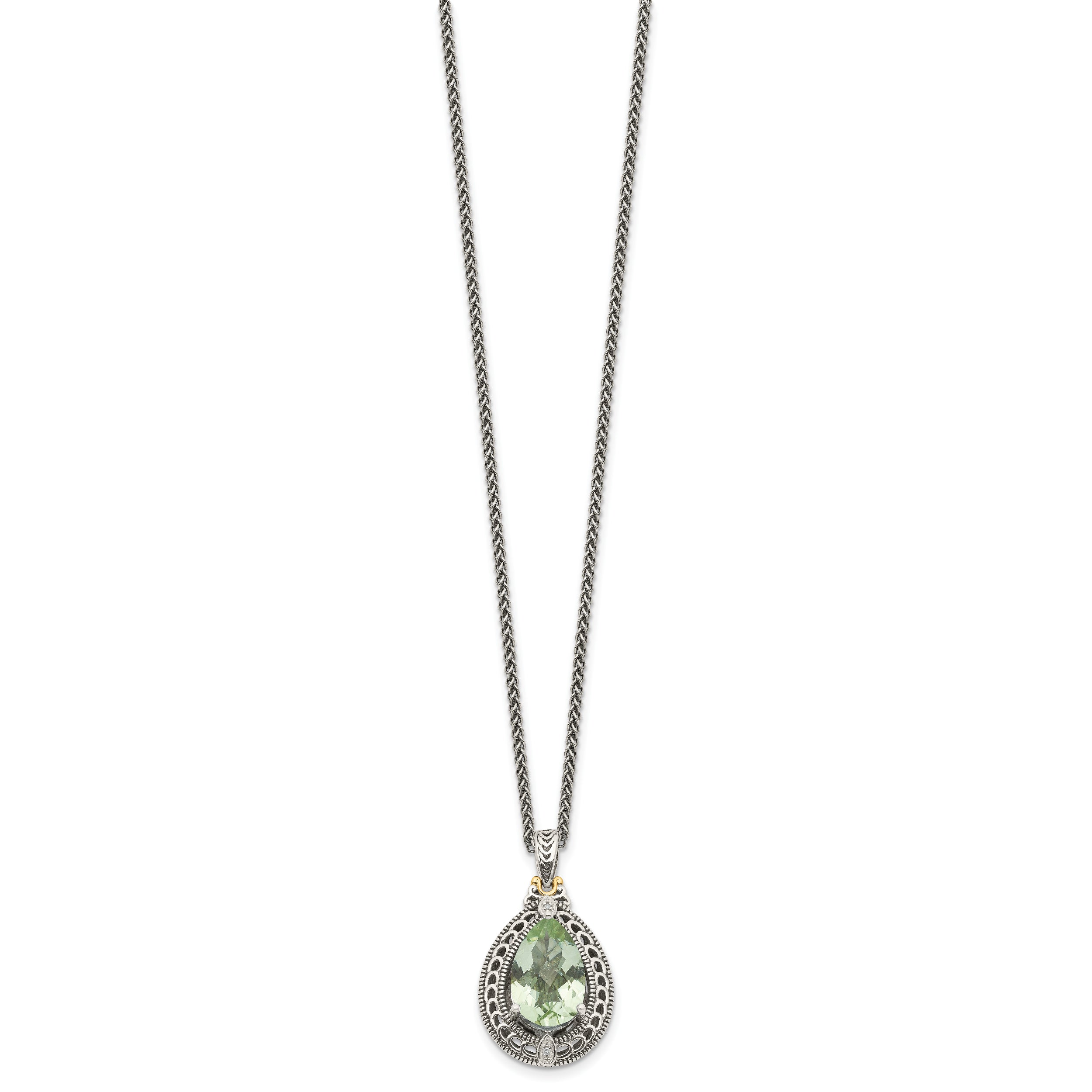 14K/Silver Two Tone Shey Couture Sterling Silver With 14K Accent 18 Inch Antiqued Diamond And Pear Shaped Green Quartz Necklace