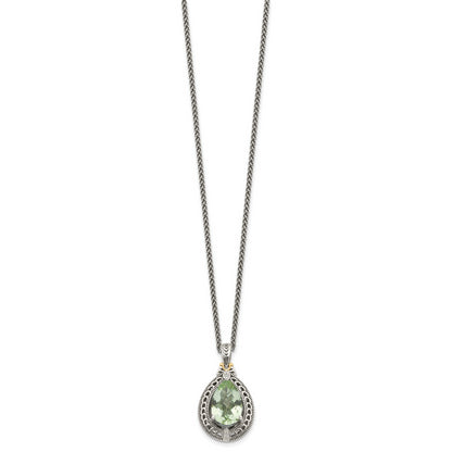 14K/Silver Two Tone Shey Couture Sterling Silver With 14K Accent 18 Inch Antiqued Diamond And Pear Shaped Green Quartz Necklace