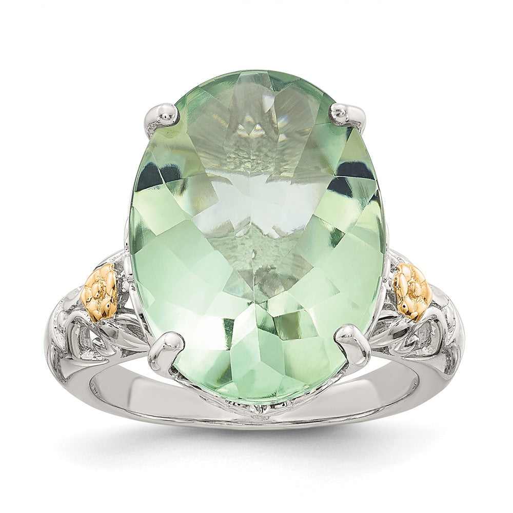 14K/Silver Two Tone Shey Couture Sterling Silver Rhodium Plated With 14K Accent Oval Green Quartz Ring