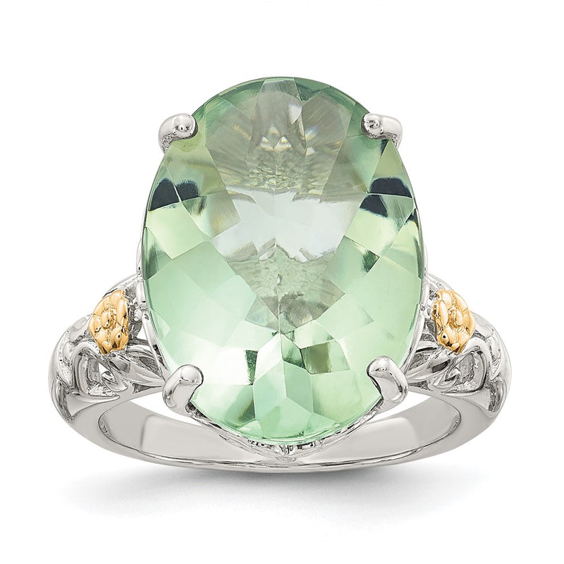 14K/Silver Two Tone Shey Couture Sterling Silver Rhodium Plated With 14K Accent Oval Green Quartz Ring