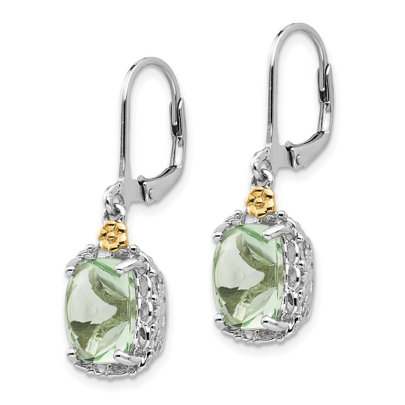 14K/Silver Two Tone Shey Couture Sterling Silver Rhodium Plated With 14K Accent Cushion Green Quartz Leverback Earrings