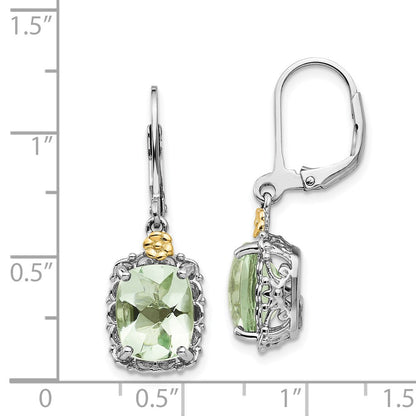 14K/Silver Two Tone Shey Couture Sterling Silver Rhodium Plated With 14K Accent Cushion Green Quartz Leverback Earrings