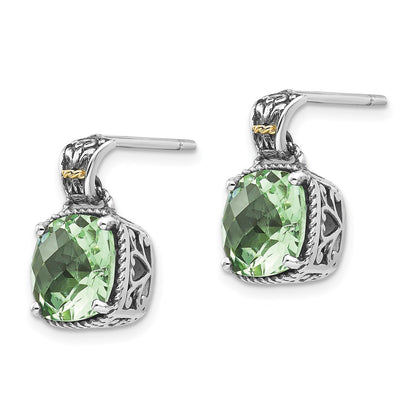 14K/Silver Two Tone Shey Couture Sterling Silver With 14K Accent Antiqued Cushion Green Quartz Post Dangle Earrings