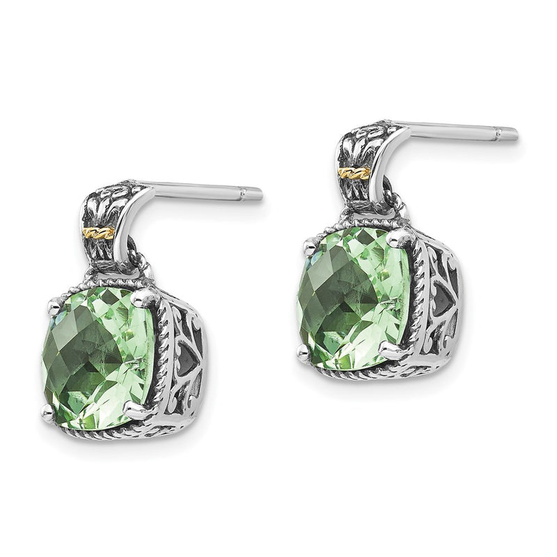 14K/Silver Two Tone Shey Couture Sterling Silver With 14K Accent Antiqued Cushion Green Quartz Post Dangle Earrings