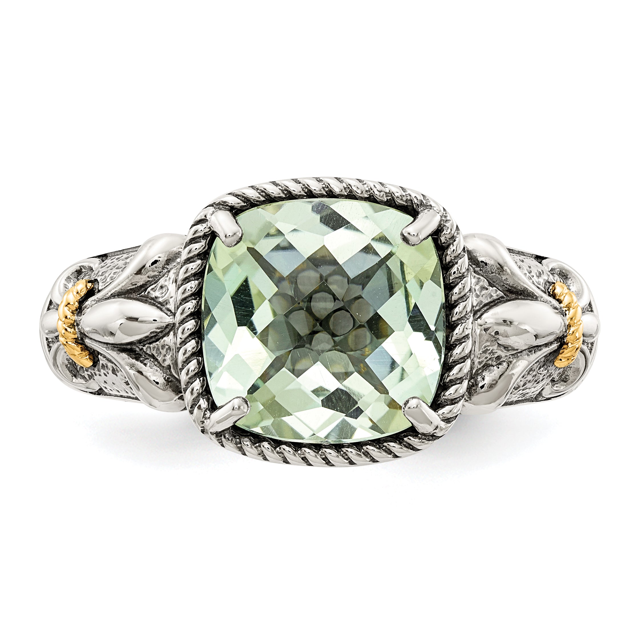 14K/Silver Two Tone Shey Couture Sterling Silver With 14K Accent Antiqued Cushion Green Quartz Ring