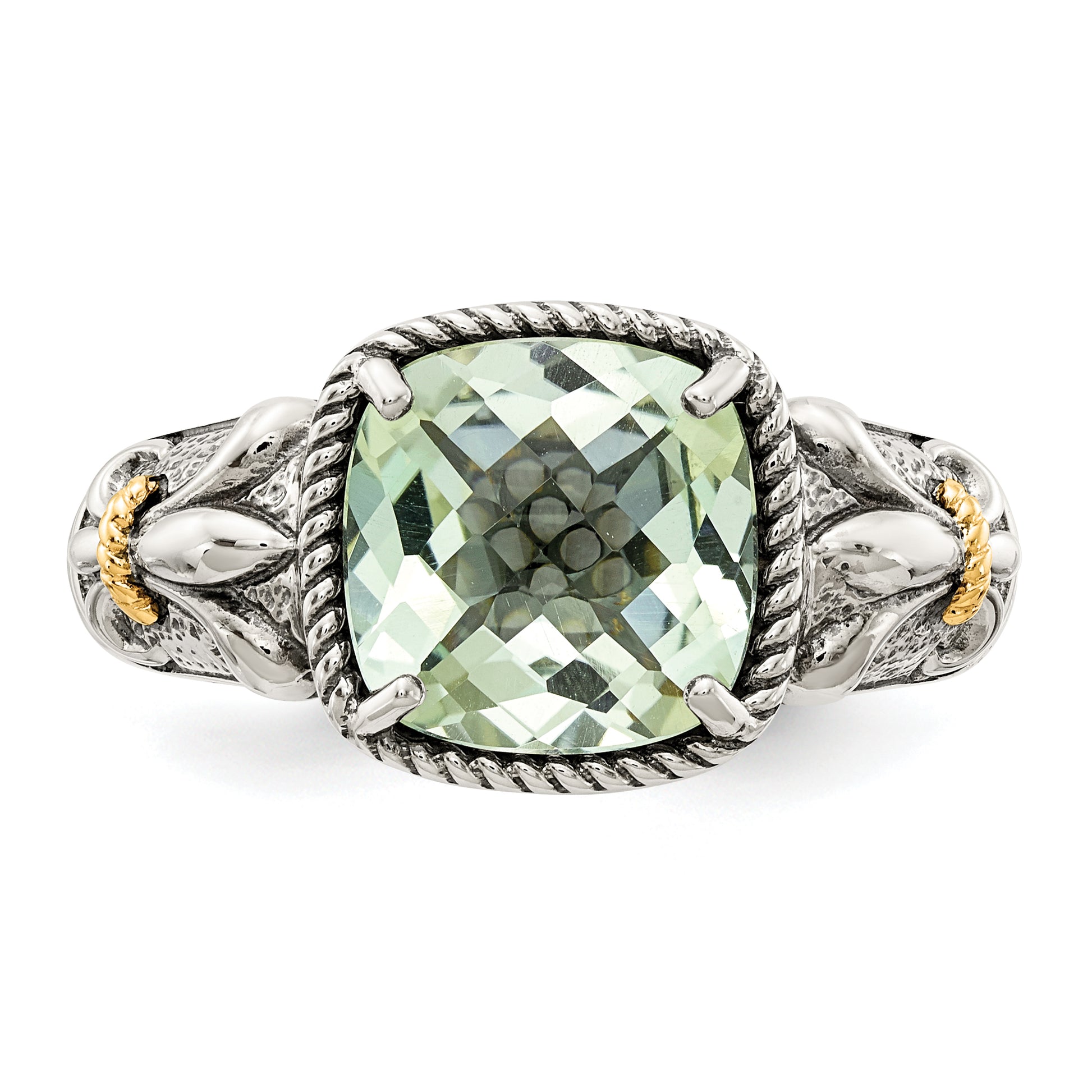 14K/Silver Two Tone Shey Couture Sterling Silver With 14K Accent Antiqued Cushion Green Quartz Ring