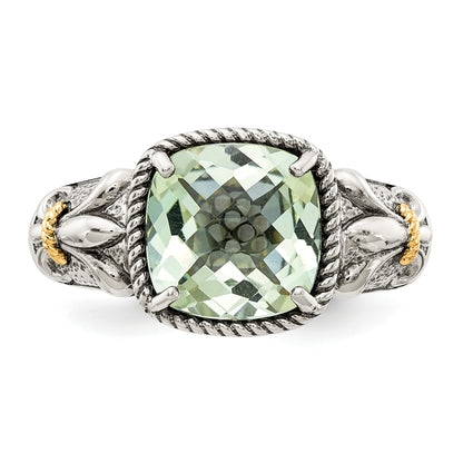 14K/Silver Two Tone Shey Couture Sterling Silver With 14K Accent Antiqued Cushion Green Quartz Ring