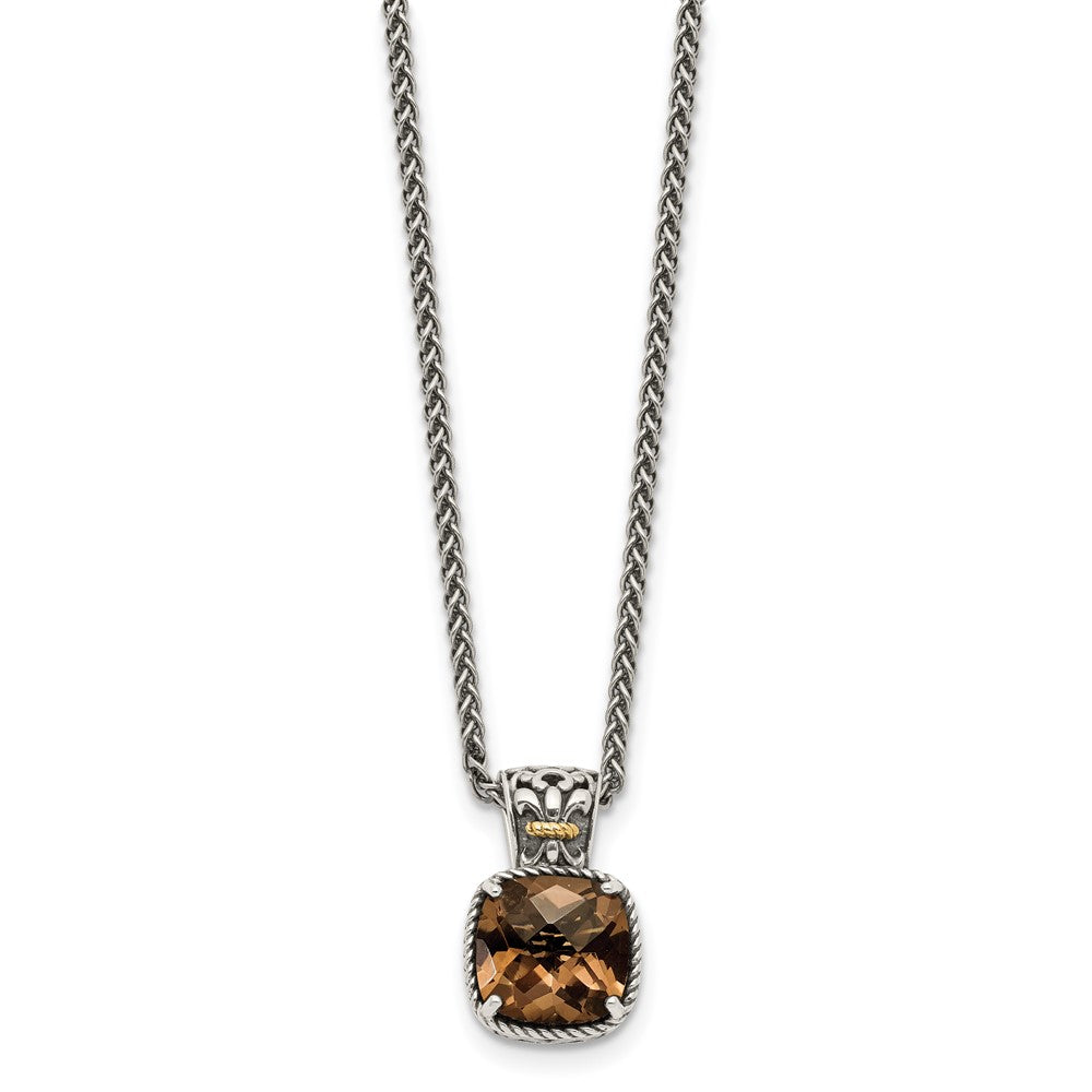14K/Silver Two Tone Shey Couture Sterling Silver With 14K Accent 18 Inch Antiqued Cushion Checkerboard Smoky Quartz Necklace