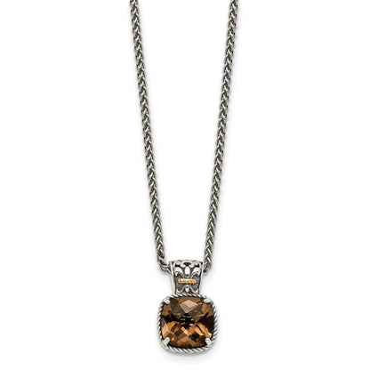 14K/Silver Two Tone Shey Couture Sterling Silver With 14K Accent 18 Inch Antiqued Cushion Checkerboard Smoky Quartz Necklace