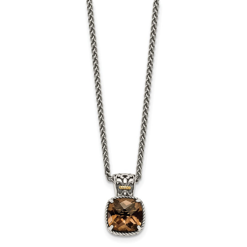 14K/Silver Two Tone Shey Couture Sterling Silver With 14K Accent 18 Inch Antiqued Cushion Checkerboard Smoky Quartz Necklace