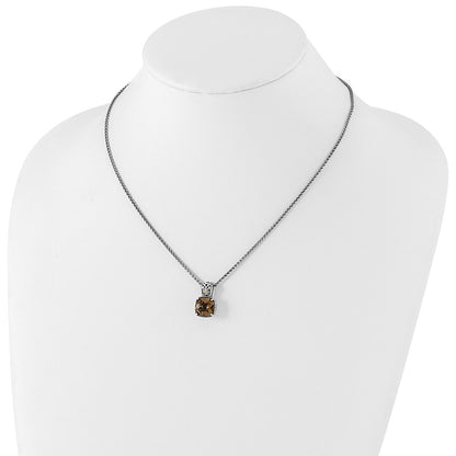 14K/Silver Two Tone Shey Couture Sterling Silver With 14K Accent 18 Inch Antiqued Cushion Checkerboard Smoky Quartz Necklace