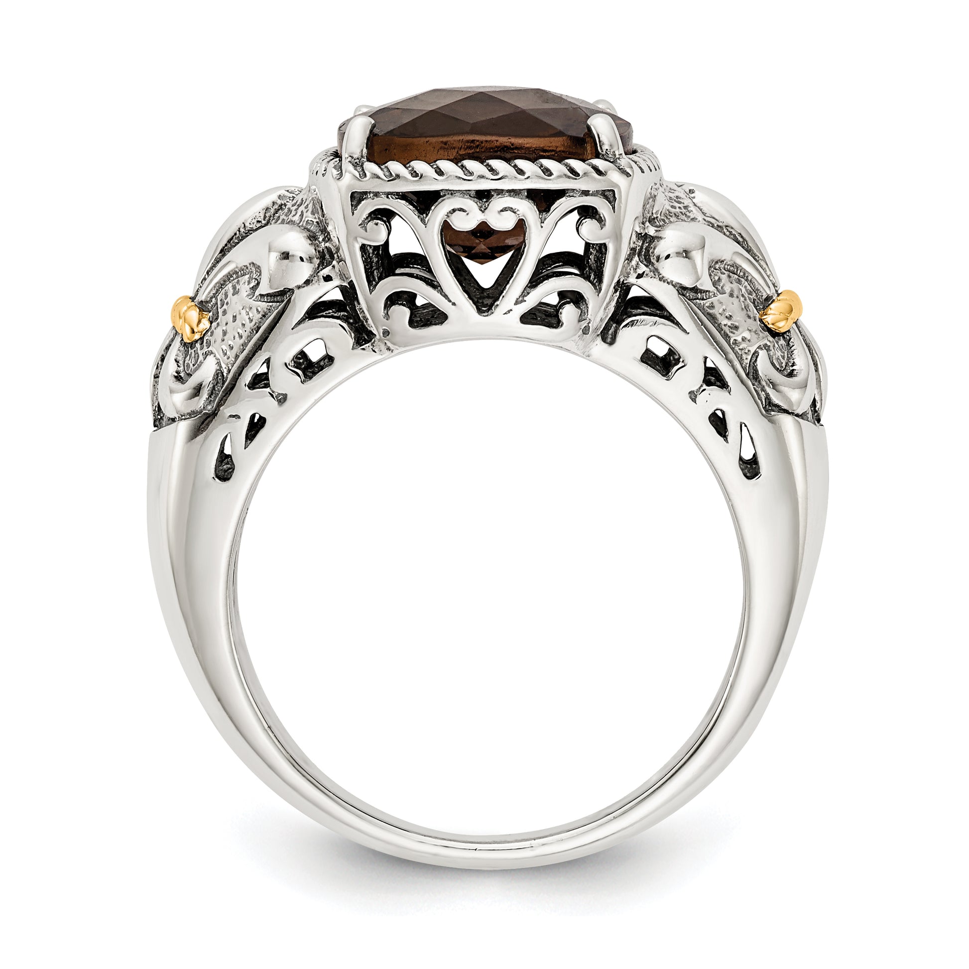 14K/Silver Two Tone Shey Couture Sterling Silver With 14K Accent Antiqued Cushion Smoky Quartz Ring