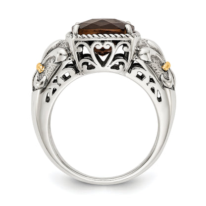 14K/Silver Two Tone Shey Couture Sterling Silver With 14K Accent Antiqued Cushion Smoky Quartz Ring