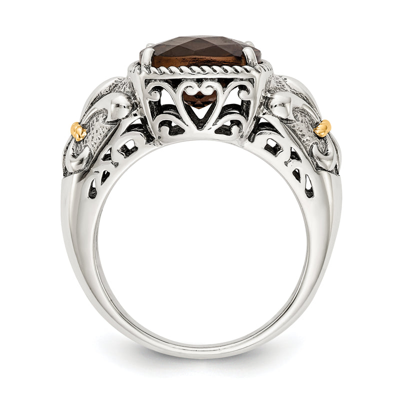 14K/Silver Two Tone Shey Couture Sterling Silver With 14K Accent Antiqued Cushion Smoky Quartz Ring