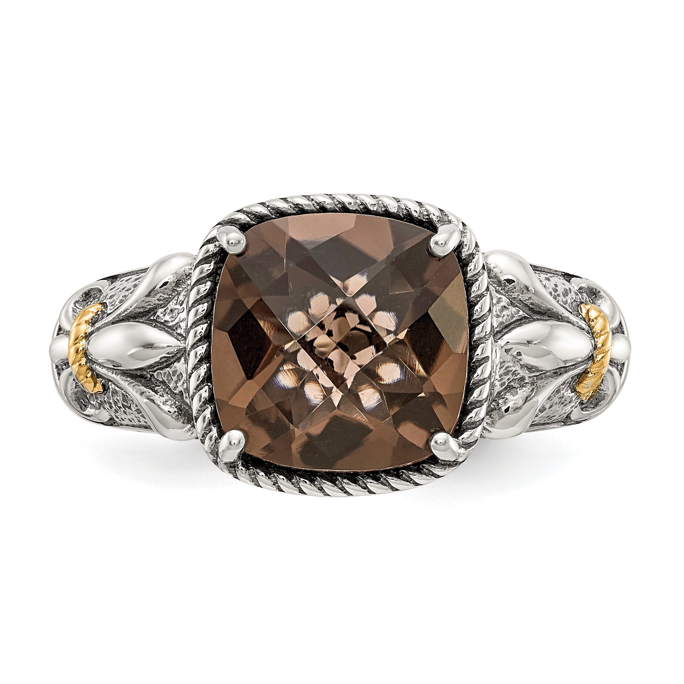 14K/Silver Two Tone Shey Couture Sterling Silver With 14K Accent Antiqued Cushion Smoky Quartz Ring