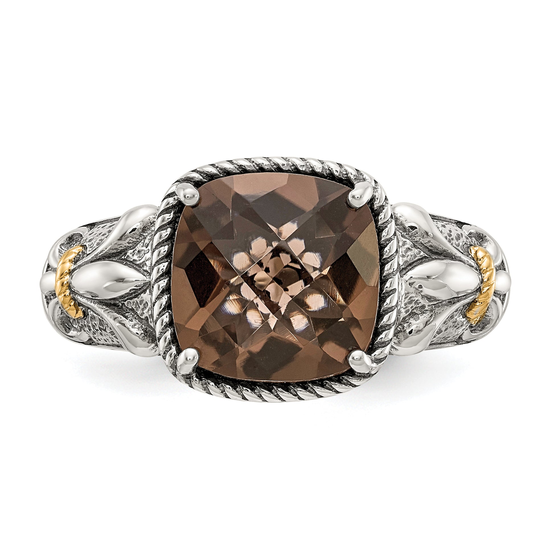 14K/Silver Two Tone Shey Couture Sterling Silver With 14K Accent Antiqued Cushion Smoky Quartz Ring