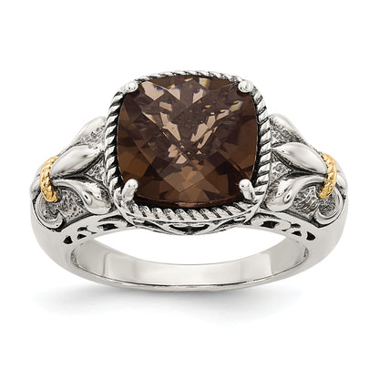 14K/Silver Two Tone Shey Couture Sterling Silver With 14K Accent Antiqued Cushion Smoky Quartz Ring