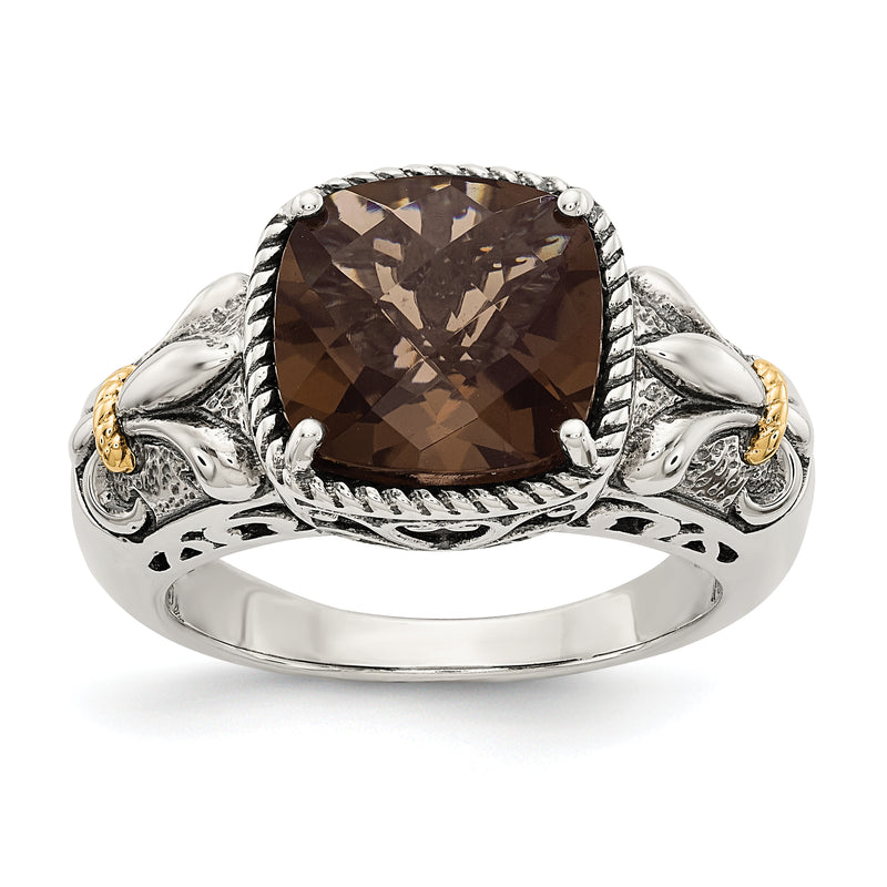 14K/Silver Two Tone Shey Couture Sterling Silver With 14K Accent Antiqued Cushion Smoky Quartz Ring