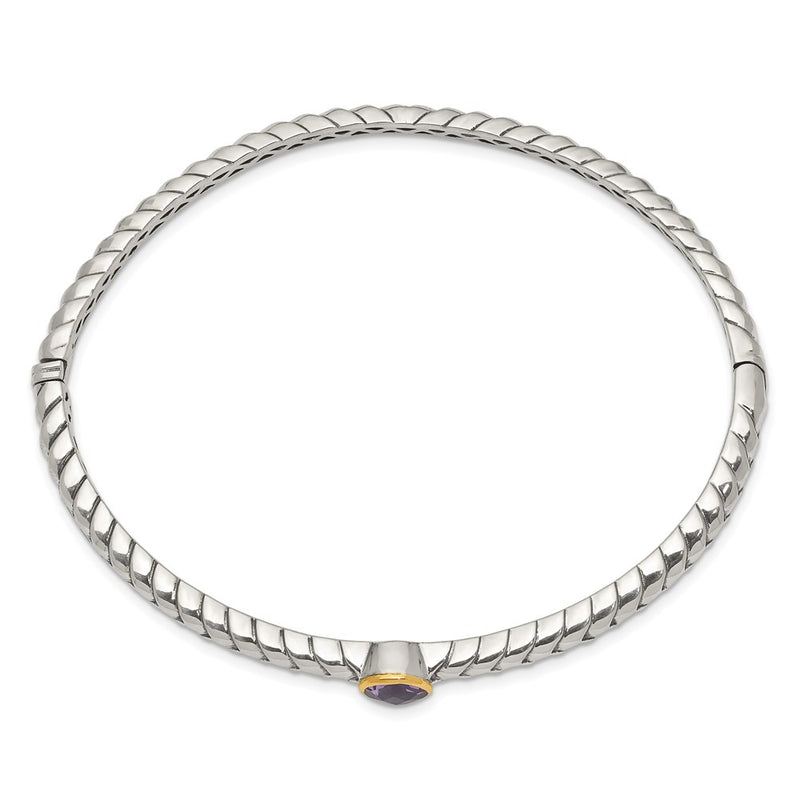 14K/Silver Two Tone Shey Couture Sterling Silver Antiqued With 14K Accent Round Bezel Amethyst Hinged Bangle Bracelet