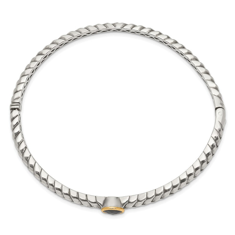 14K/Silver Two Tone Shey Couture Sterling Silver With 14K Accent Antiqued Checkerboard Cut Black Onyx Hinged Bangle Bracelet
