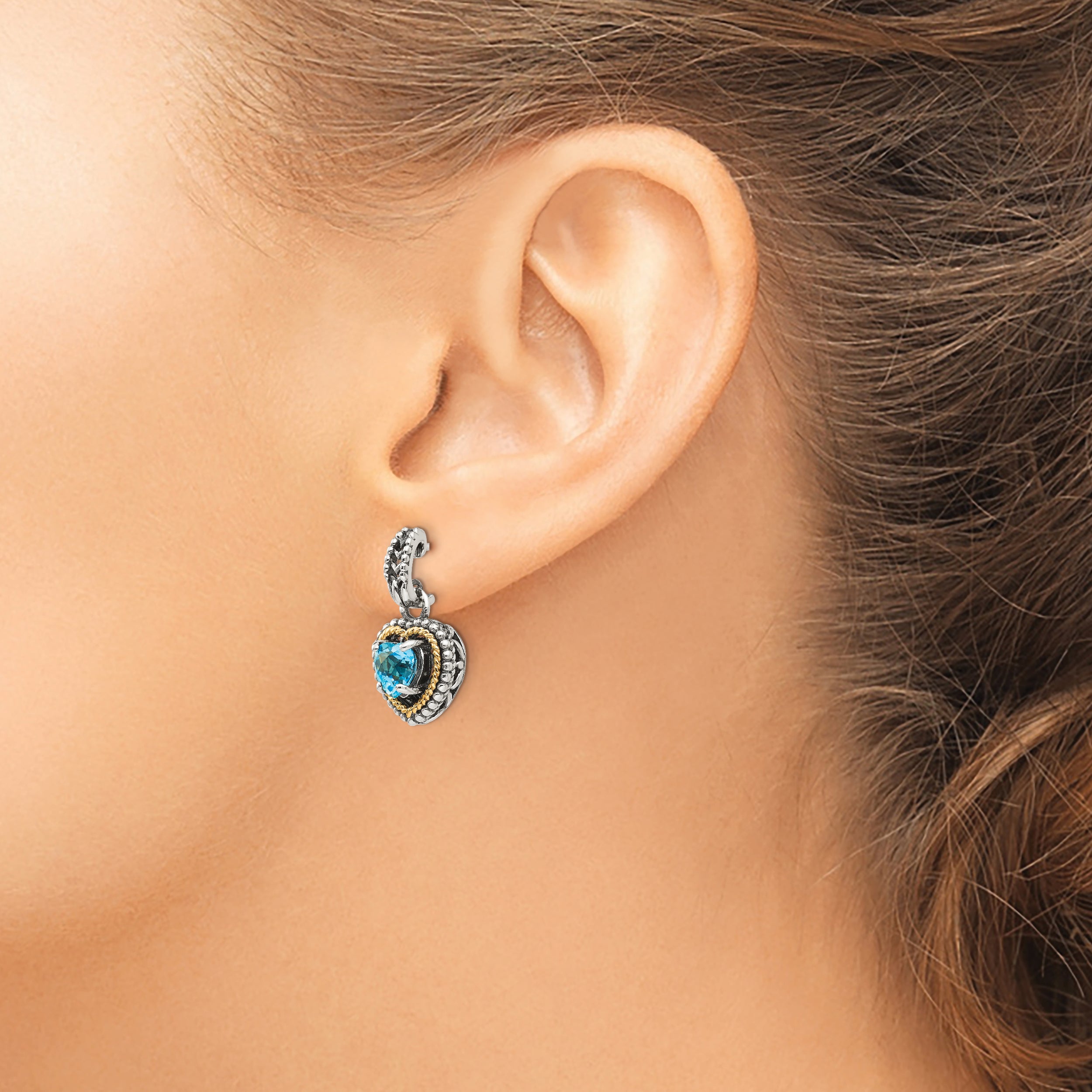 14K/Silver Two Tone Shey Couture Sterling Silver With 14K Accent Antiqued Blue Topaz Heart Post Dangle Earrings