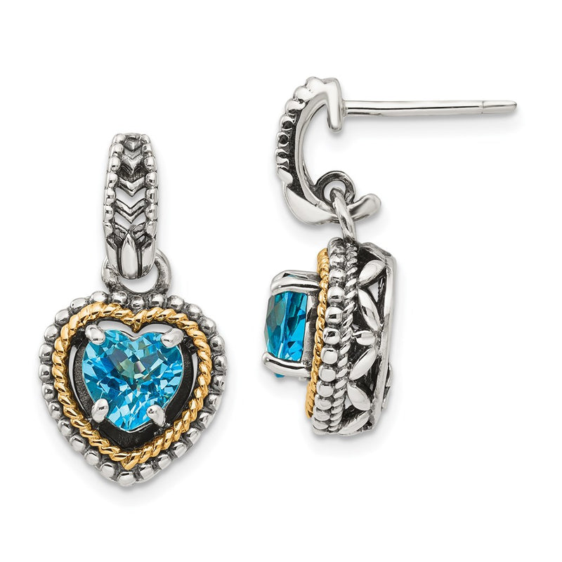 14K/Silver Two Tone Shey Couture Sterling Silver With 14K Accent Antiqued Blue Topaz Heart Post Dangle Earrings