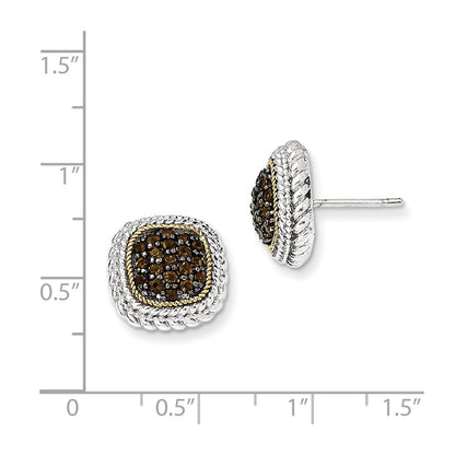 14K/Silver Two Tone Sterling Silver 14K And Black Rhodium Smoky Quartz Post Earrings