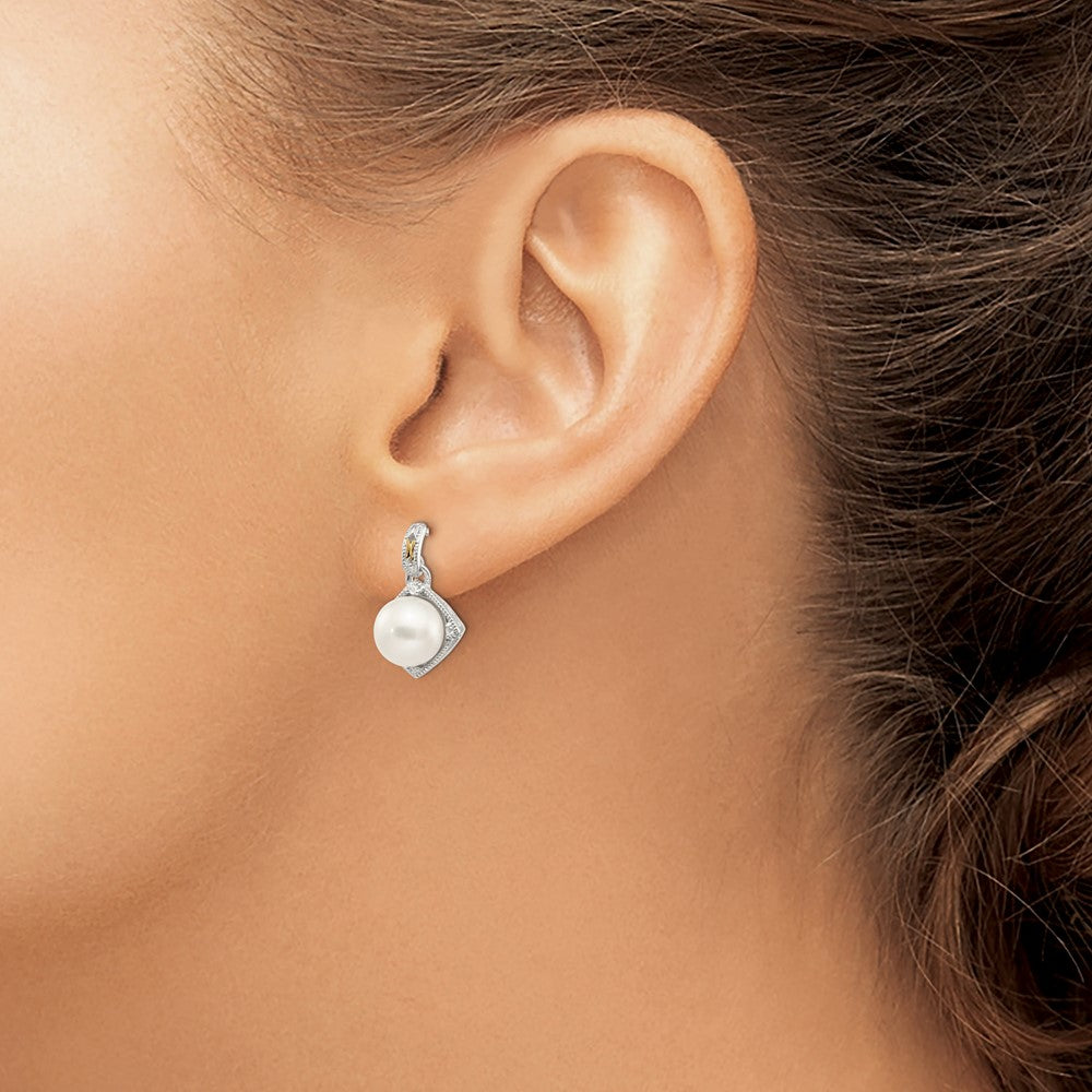 14K/Silver Two Tone Shey Couture Sterling Silver Rhodium Plated With 14K Accent 7.5 8mm Freshwater Cultured Pearl And Diamond Dangle Post Earrings