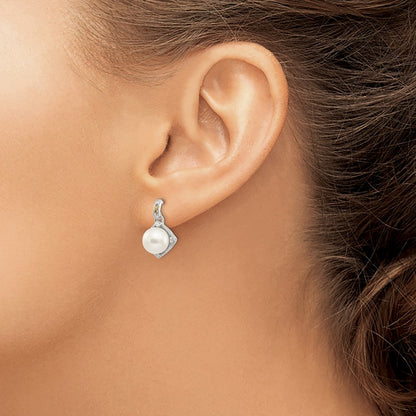 14K/Silver Two Tone Shey Couture Sterling Silver Rhodium Plated With 14K Accent 7.5 8mm Freshwater Cultured Pearl And Diamond Dangle Post Earrings