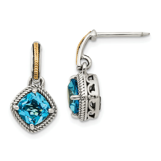 14K/Silver Two Tone Shey Couture Sterling Silver With 14K Accent Antiqued Cushion Light Swiss Blue Topaz Post Dangle Earrings