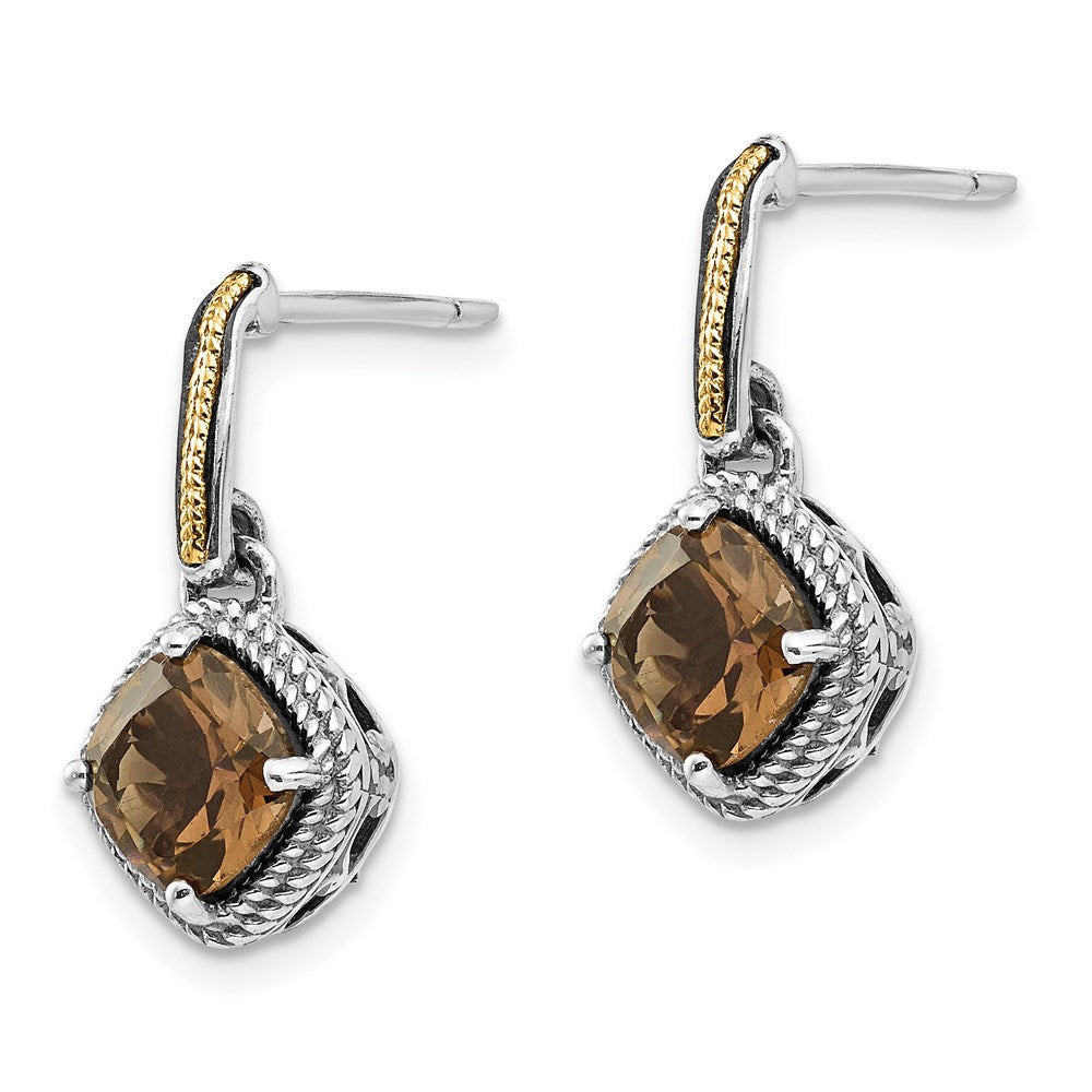 14K/Silver Two Tone Shey Couture Sterling Silver With 14K Accent Antiqued Cushion Smoky Quartz Post Dangle Earrings