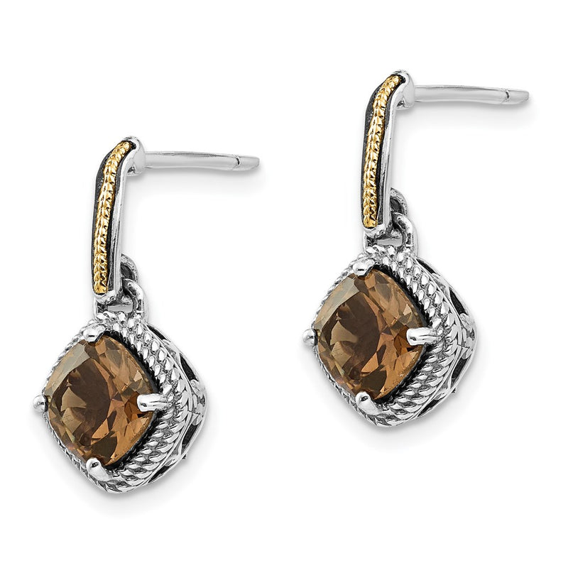 14K/Silver Two Tone Shey Couture Sterling Silver With 14K Accent Antiqued Cushion Smoky Quartz Post Dangle Earrings
