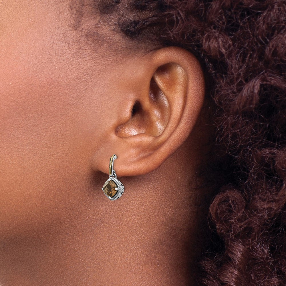 14K/Silver Two Tone Shey Couture Sterling Silver With 14K Accent Antiqued Cushion Smoky Quartz Post Dangle Earrings