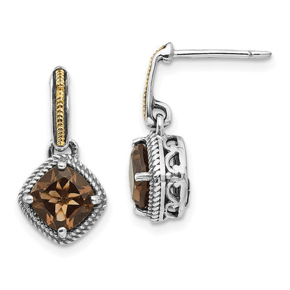 14K/Silver Two Tone Shey Couture Sterling Silver With 14K Accent Antiqued Cushion Smoky Quartz Post Dangle Earrings