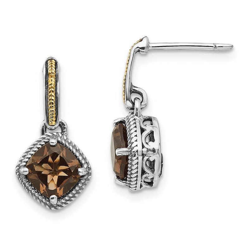 14K/Silver Two Tone Shey Couture Sterling Silver With 14K Accent Antiqued Cushion Smoky Quartz Post Dangle Earrings