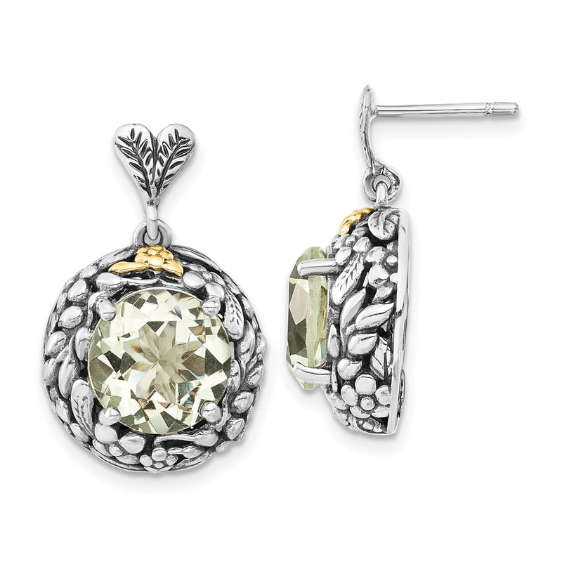 14K/Silver Two Tone Sterling Silver 14K Polished & Antiqued Green Quartz Post Dangle Earrings