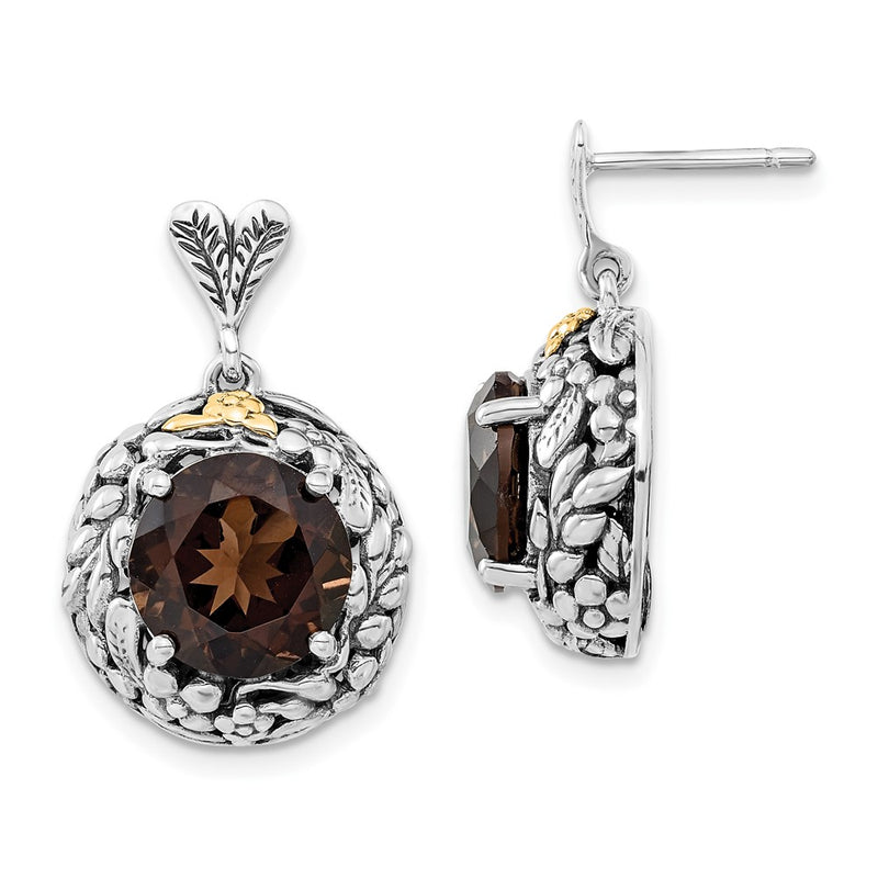 14K/Silver Two Tone Sterling Silver 14K Polished & Antiqued Smoky Quartz Post Dangle Earrings