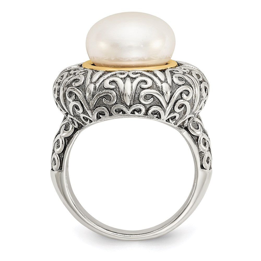 14K/Silver Two Tone Sterling Silver 14K 12mm Fw Cultured Pearl Ring (Size 7 Only)