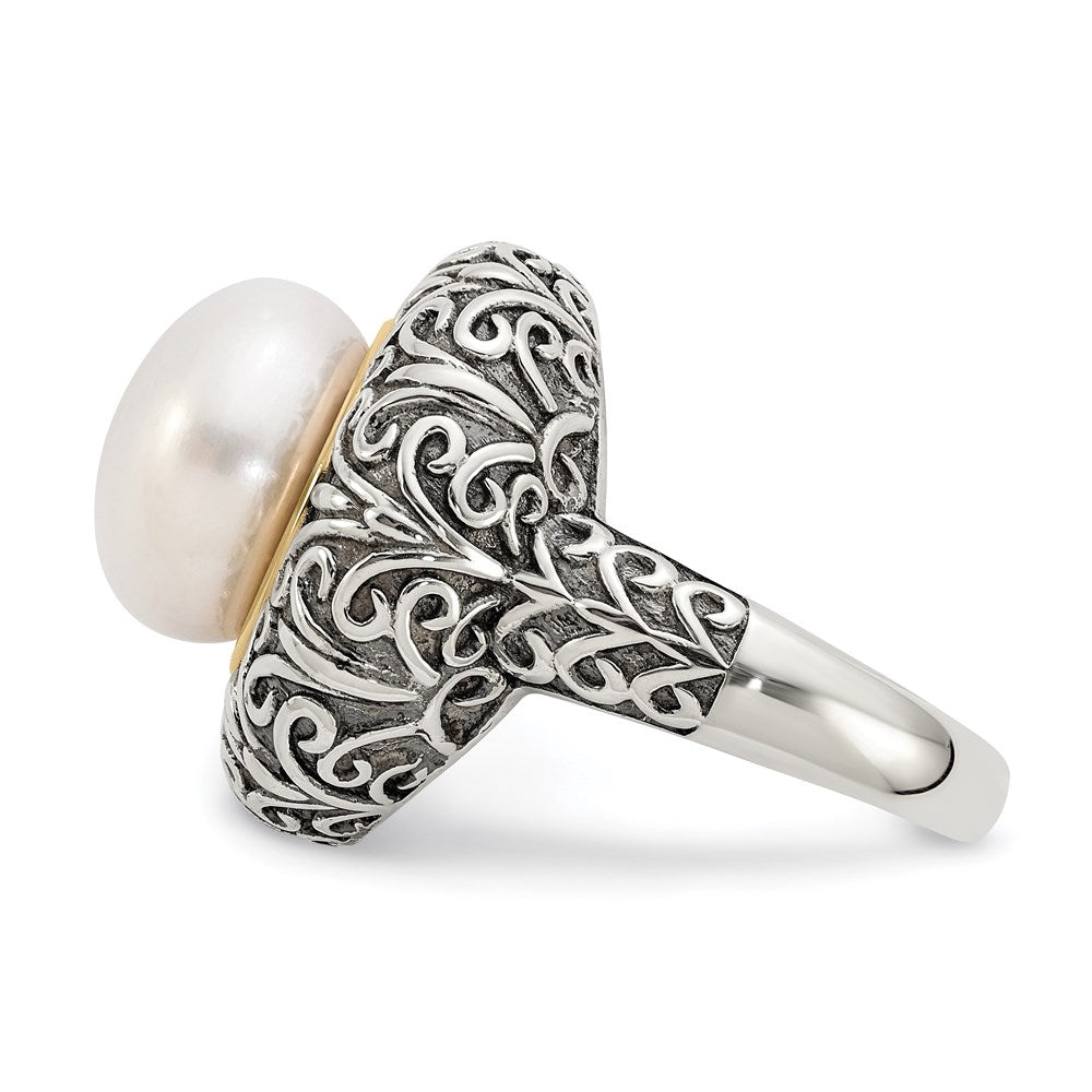 14K/Silver Two Tone Sterling Silver 14K 12mm Fw Cultured Pearl Ring (Size 7 Only)