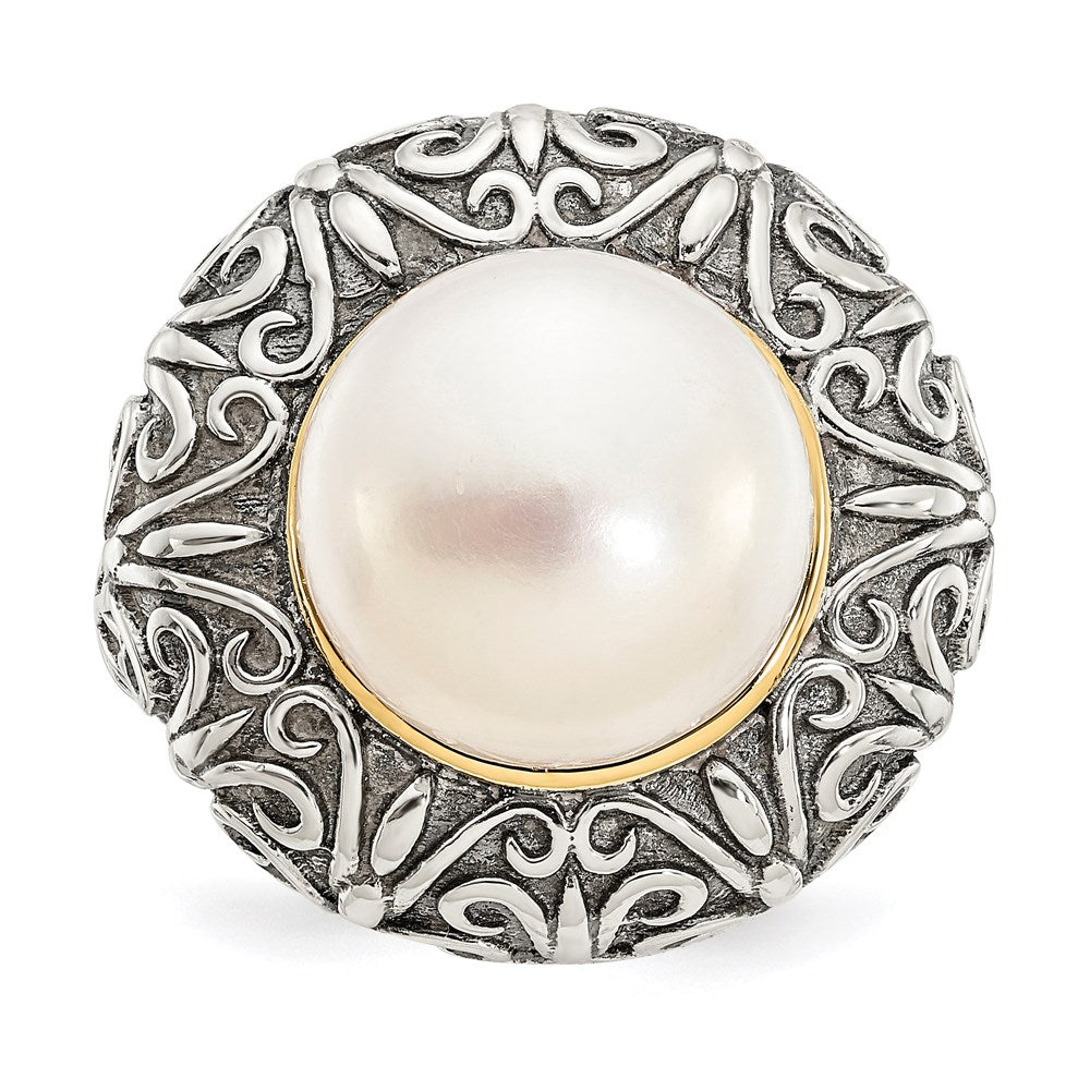 14K/Silver Two Tone Sterling Silver 14K 12mm Fw Cultured Pearl Ring (Size 7 Only)
