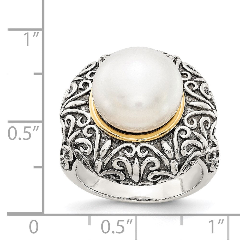 14K/Silver Two Tone Sterling Silver 14K 12mm Fw Cultured Pearl Ring (Size 7 Only)