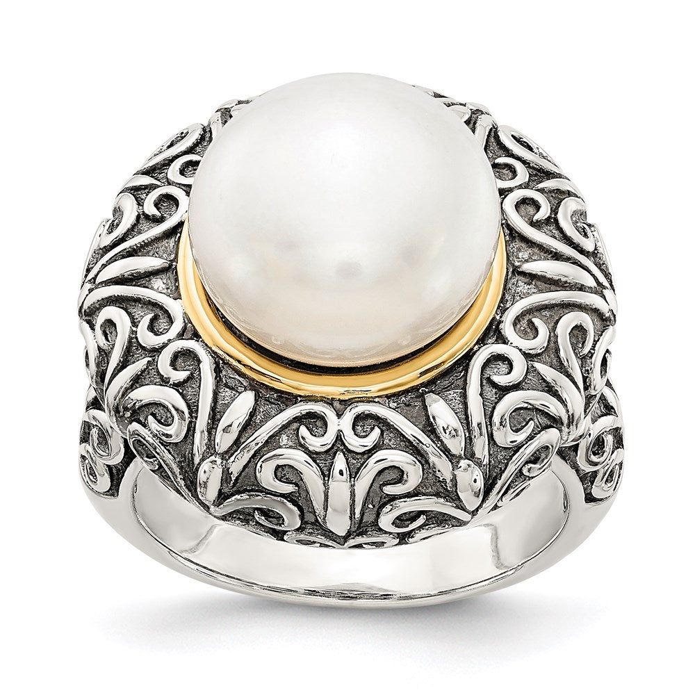 14K/Silver Two Tone Sterling Silver 14K 12mm Fw Cultured Pearl Ring (Size 7 Only)