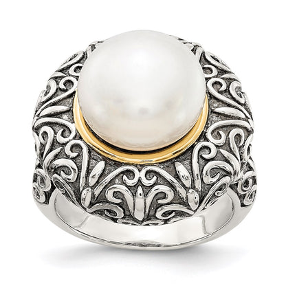 14K/Silver Two Tone Sterling Silver 14K 12mm Fw Cultured Pearl Ring (Size 7 Only)