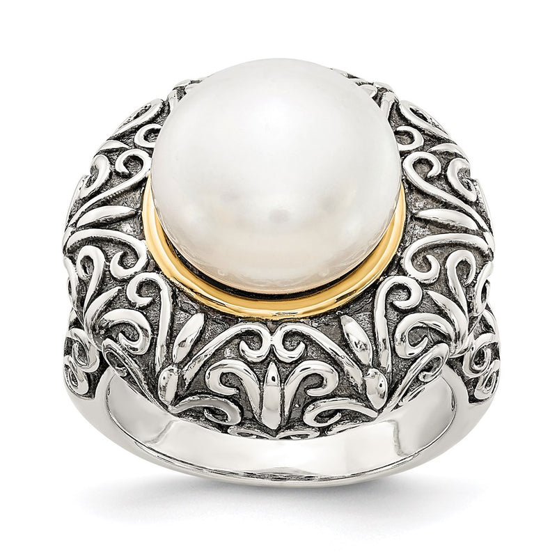 14K/Silver Two Tone Sterling Silver 14K 12mm Fw Cultured Pearl Ring (Size 7 Only)