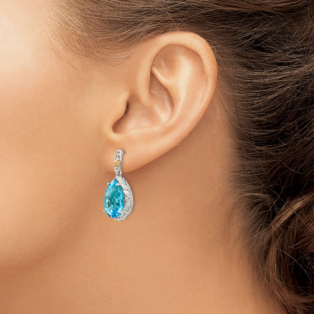 14K/Silver Two Tone Shey Couture Sterling Silver Rhodium Plated With 14K Accent Pear Shaped Blue Topaz Post Dangle Earrings